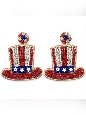 Patriotic Beaded Top Hat Earrings - Red, White & Blue